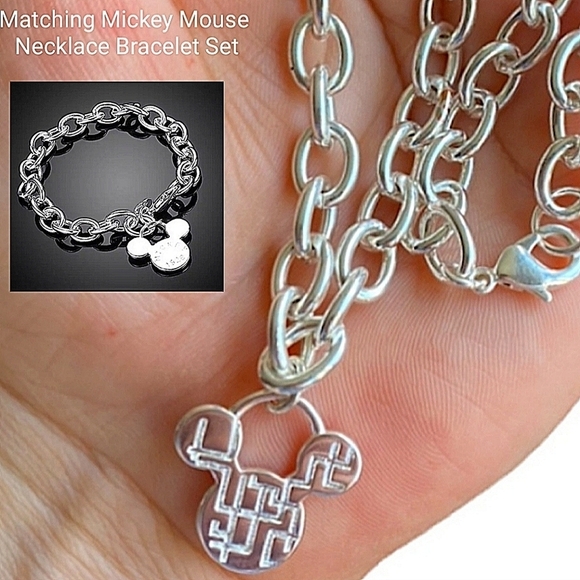 Mickey Mouse Sterling Silver Matching Necklace Bracelet Set - Picture 1 of 13
